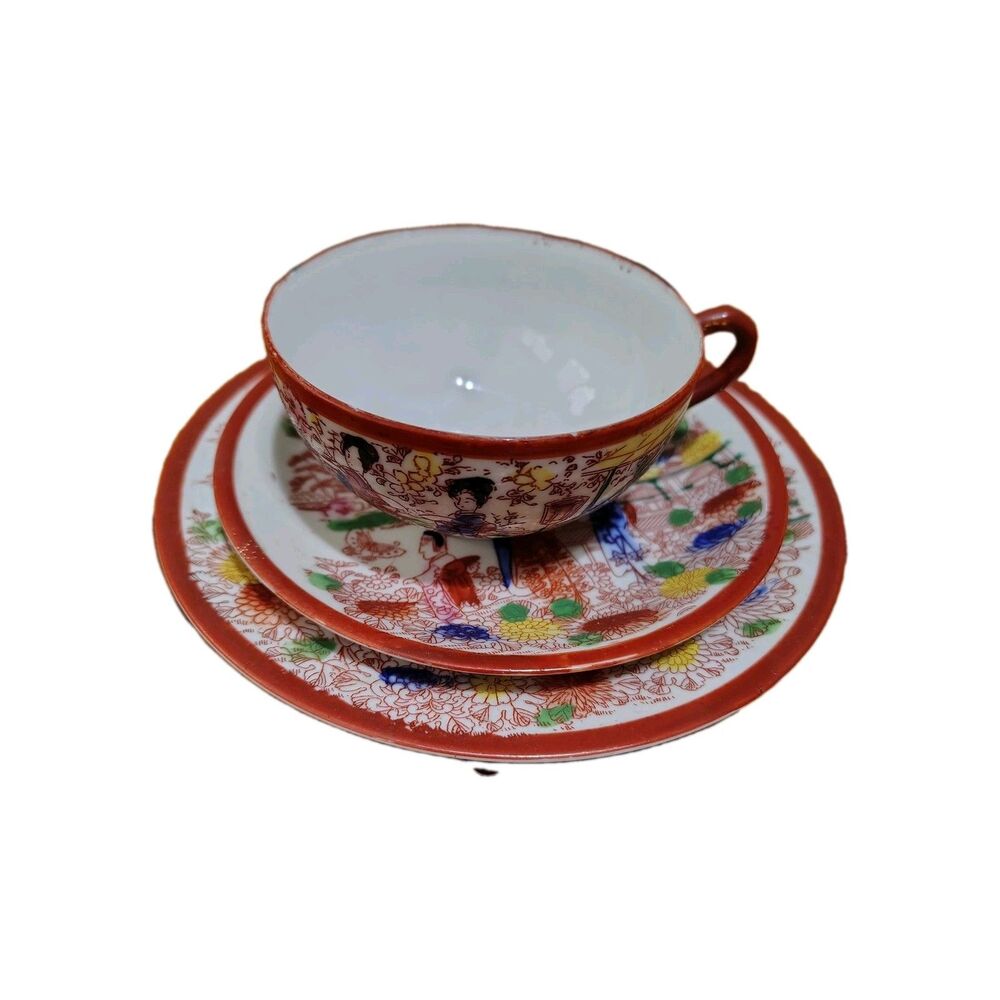 Vintage Japanese Geisha Girl Eggshell Porcelain Tea Cup & Saucer And Small Plate